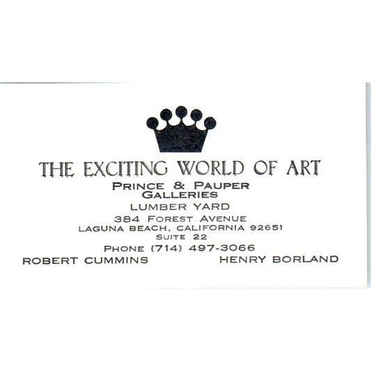 Prince & Pauper Galleries Laguna Beach Cumins Borland Vtg Business Card SD4-B4