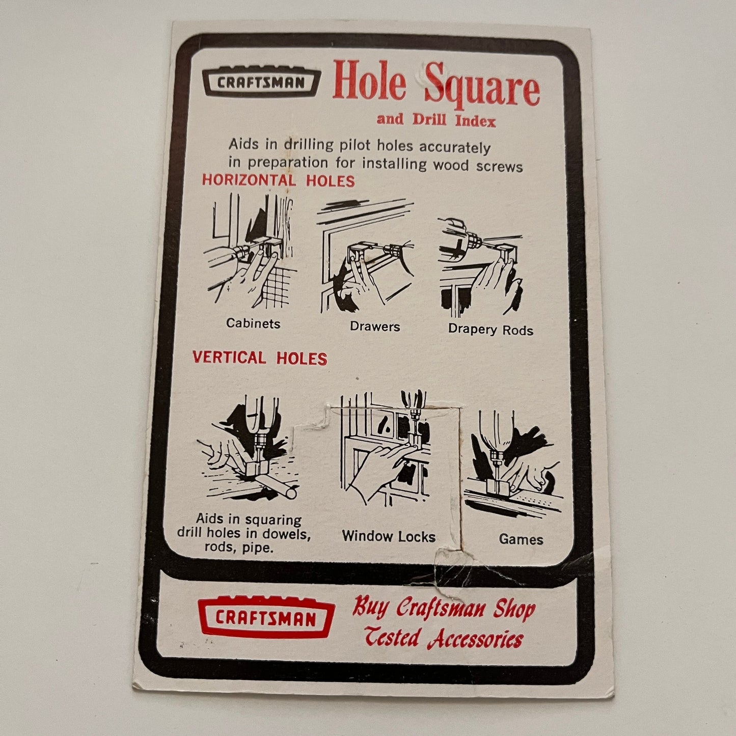 Vintage Sears Craftsman Hole Square and Drill Index CARD ONLY TK2-XB5