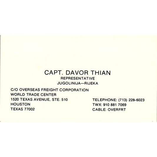 Capt Davor Thian Overseas Freight Corp Houston Vintage Business Card SC9-B2