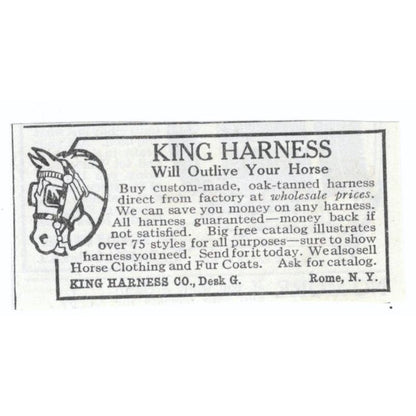 King Harness Co Rome NY Horses 1913 Magazine Advertisement AE7-N8