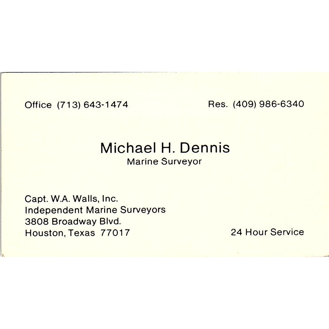 Capt. W.A. Walls, Inc. Michael Dennis Houston TX Vintage Business Card SSB4-B13