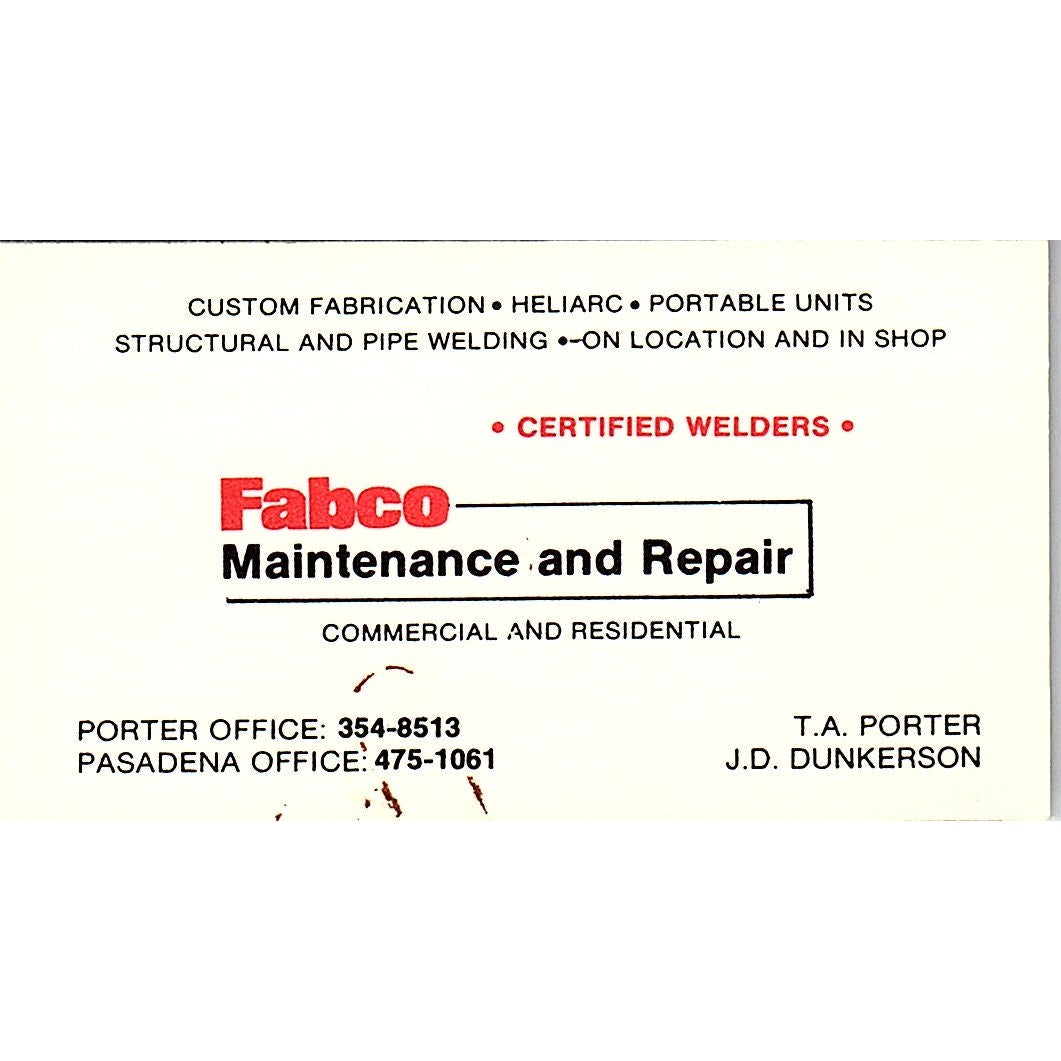 T.A. Porter J.D. Dunkerson Fabco Maintenance Pasadena TX Business Card SC9-B6
