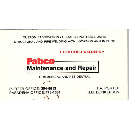T.A. Porter J.D. Dunkerson Fabco Maintenance Pasadena TX Business Card SC9-B6