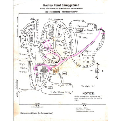 Vintage Hadley Point Campground Bar Harbor Maine Rules and Map D23