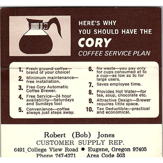 Robert Bob Jones Cory Coffee Service Plan Eugene OR Vintage Business Card SD9-B8