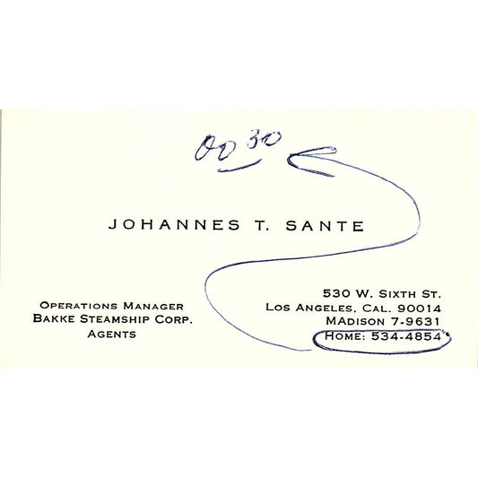 Bakke Steamship Corp. Johanne T. Sante LA CA Vintage Business Card SB4-B11