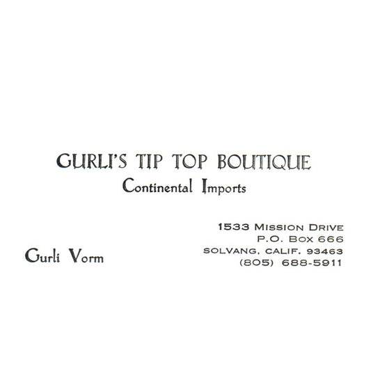 Vintage Gurli's Tip Top Boutique Gurli Vorm Continental CA Business Card SF3-B1