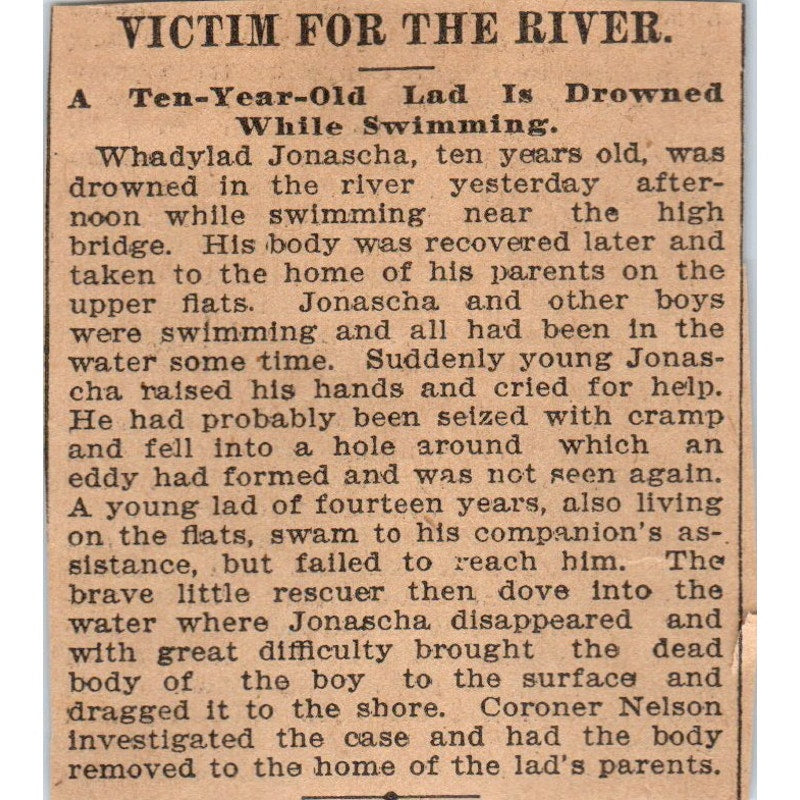 Whadylad Jonascha Drowned in River St. Paul 1898 Newspaper Ad AF2-Q2