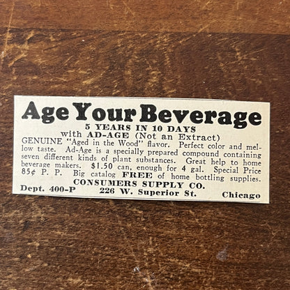 Age Your Beverage 5 Years in 10 Days Consumers Supply Co Chicago 1931 Ad AG1-S7