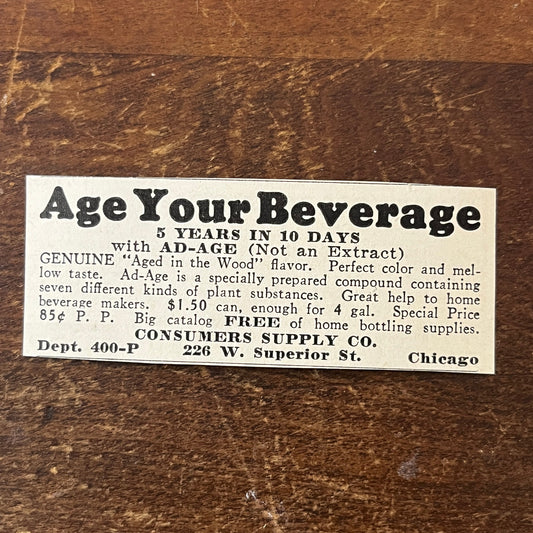 Age Your Beverage 5 Years in 10 Days Consumers Supply Co Chicago 1931 Ad AG1-S7