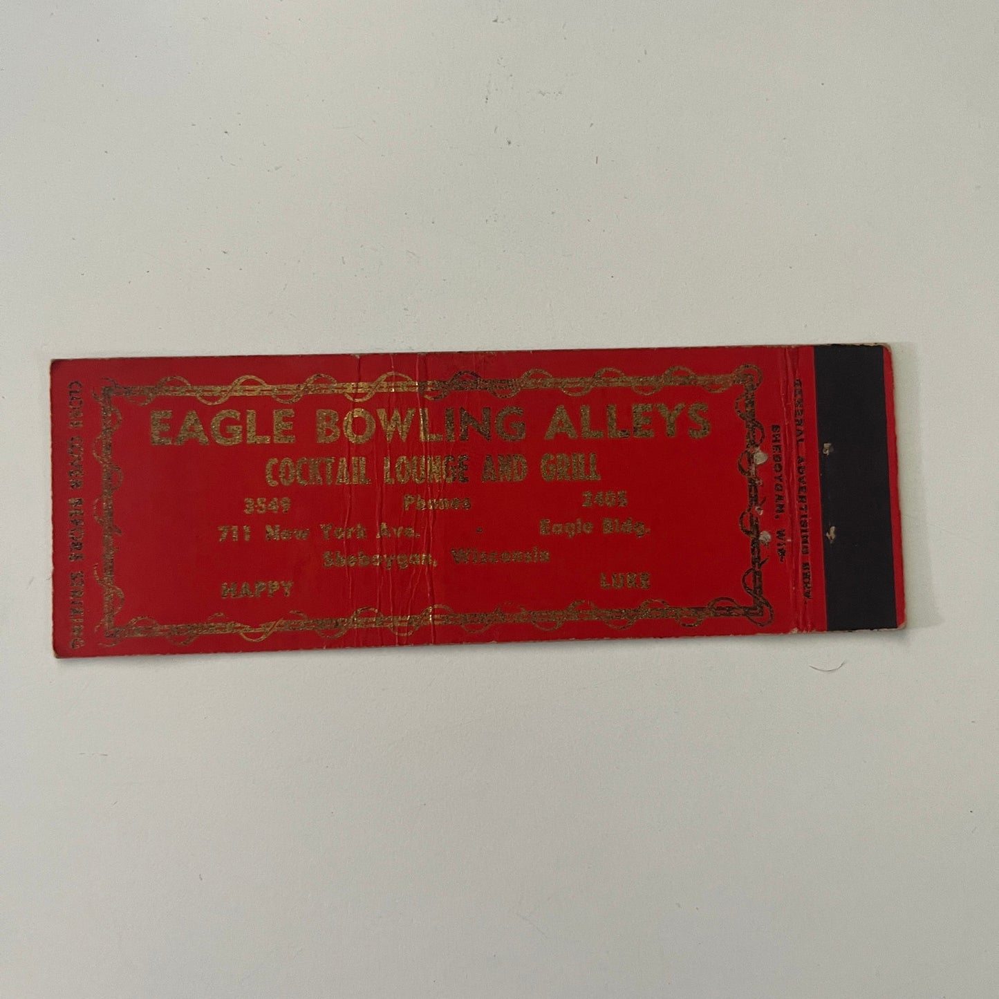 Eagle Bowling Alleys Lounge & Grill Sheboygan WI Vintage Matchbook MB1-6