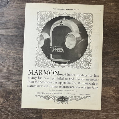 Marmon Automobile Nordyke & Marmon Co Indianapolis Vintage Magazine Ad 10x13 V8