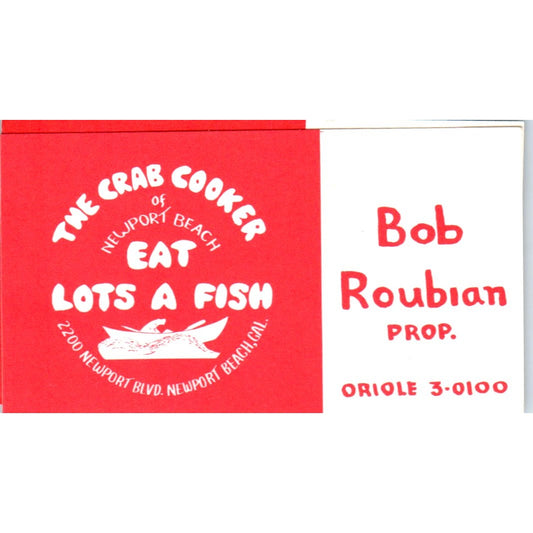 The Crab Cooker Restaurant Bob Roubian Newport Beach Vtg Business Card SD8-B7