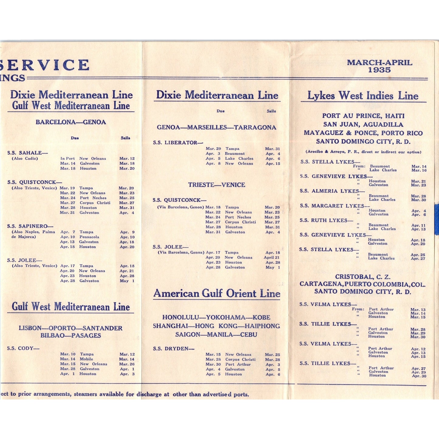 1935 Lykes Bros. Steamship Co U.S. Mail Steamers Sailing Schedule TH2-O2