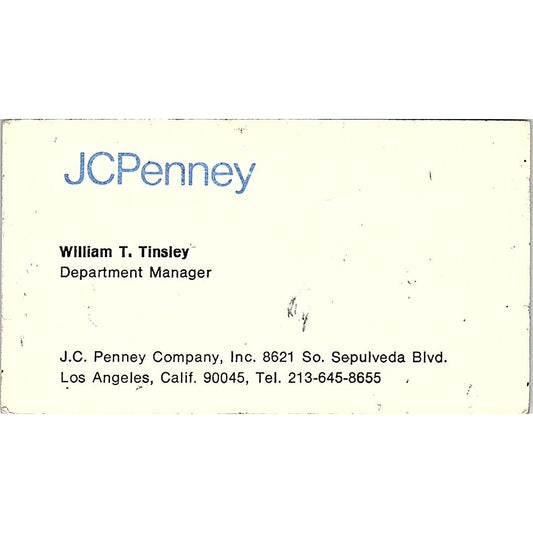 JC Penney Co William T Tinsley Los Angeles CA Vintage Business Card SB4-B8