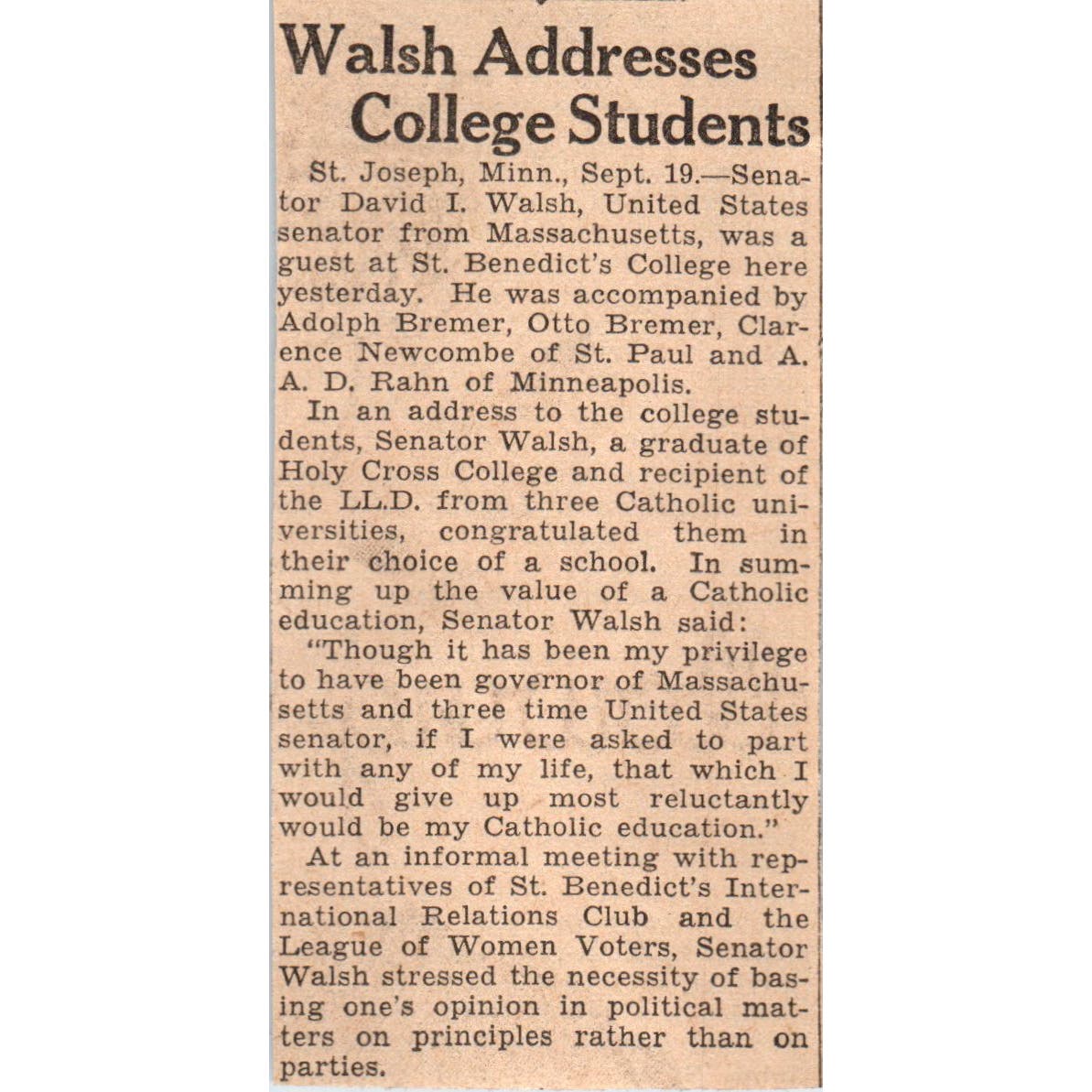St. Joseph MN David I. Walsh 1935 Minneapolis Journal Article AE7-N5