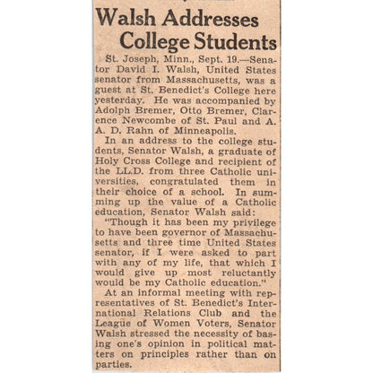 St. Joseph MN David I. Walsh 1935 Minneapolis Journal Article AE7-N5