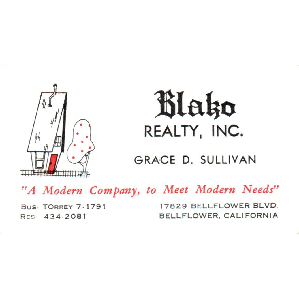 Blako Realty Inc Grace D. Sullivan Bellflower CA Vintage Business Card SD8-B1