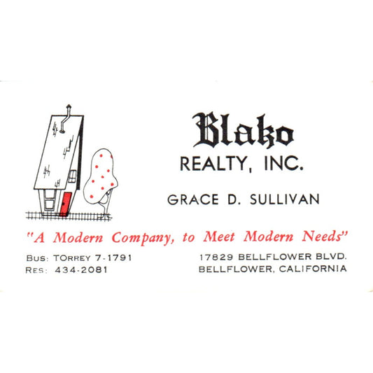 Blako Realty Inc Grace D. Sullivan Bellflower CA Vintage Business Card SD8-B1