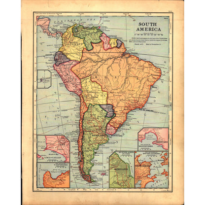 Map of South America / Europe 1901 Original Engraving V1-1