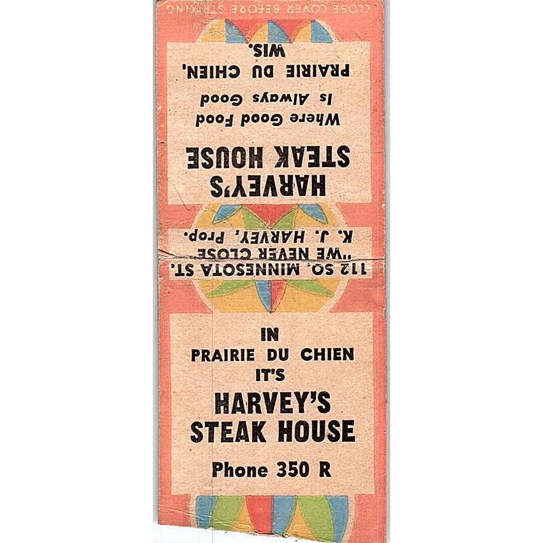 Harvey's Steak House Prairie Du Chien WI Vintage Matchbook Cover SF3-Y7