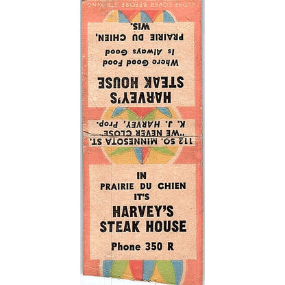 Harvey's Steak House Prairie Du Chien WI Vintage Matchbook Cover SF3-Y7