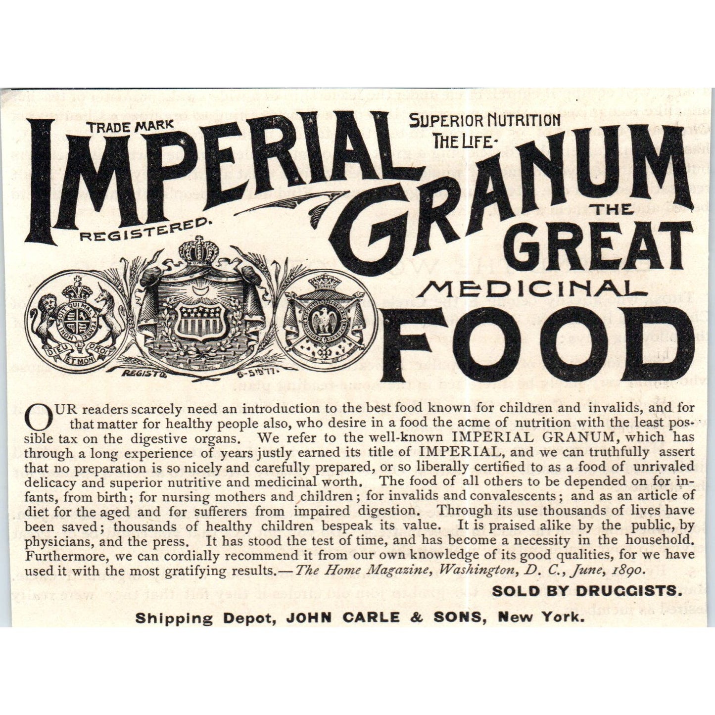 Imperial Granum Medicinal Food John Carle & Sons NY c1890 Victorian Ad AE8-CH2