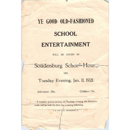 1921 Ye Good Old-Fashioned Entertainment Leaflet Soudersburg School House PA D21