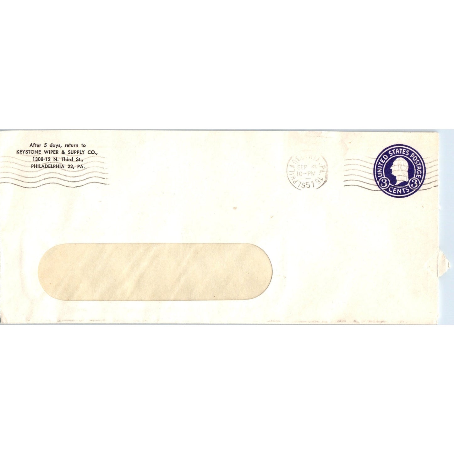 1951 Keystone Wiper & Supply Co Philadelphia Postal Cover Envelope TH9-L1