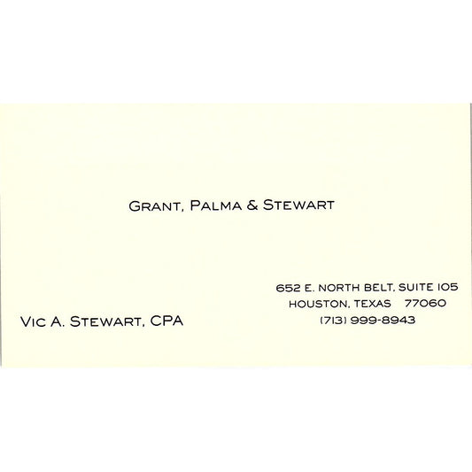 Vic A Stewart Grant, Palma & Stewart CPA Houston TX Vintage Business Card SD9-B1