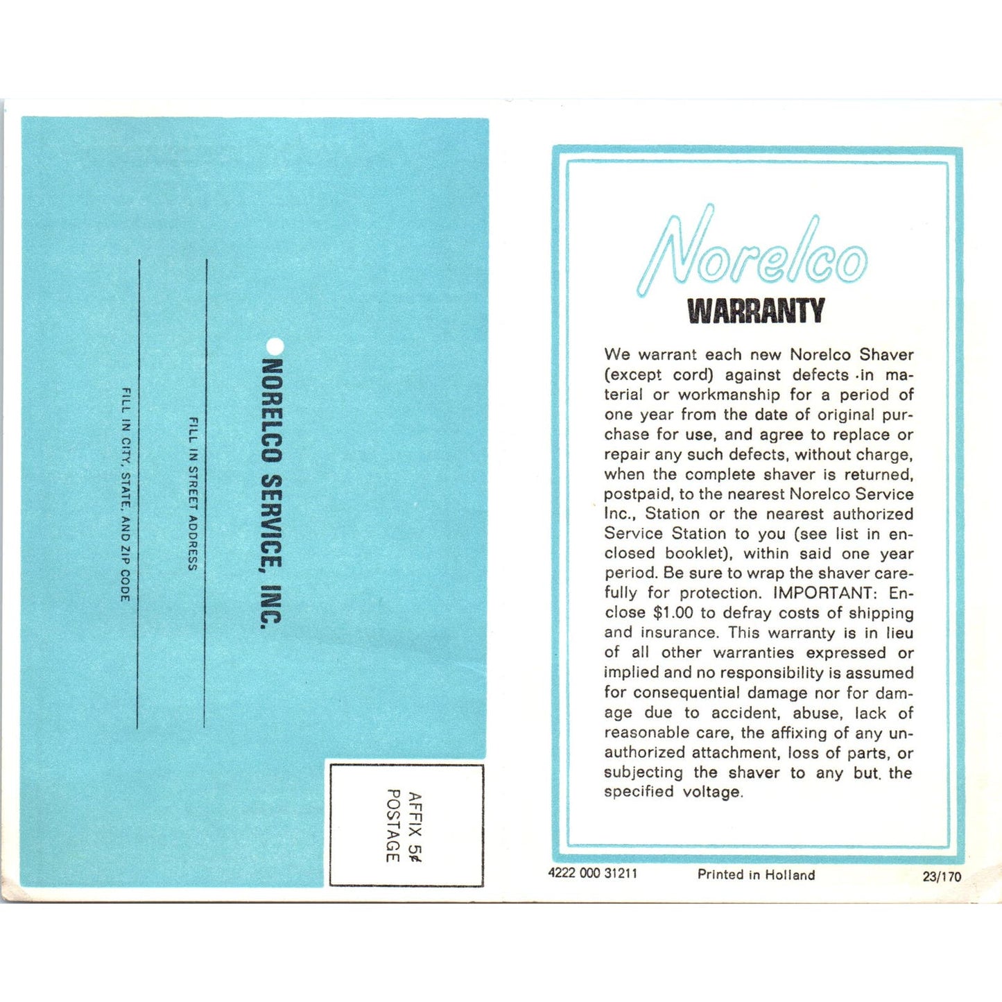 Vintage Norelco Speedshaver Warranty Card Blank AF1-RR1