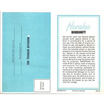 Vintage Norelco Speedshaver Warranty Card Blank AF1-RR1