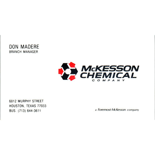 Don Madere McKesson Chemical Co Houston Vintage Business Card SE3-B10