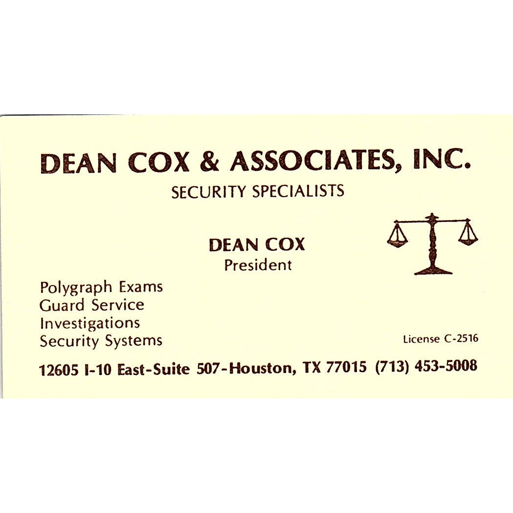 Dean Cox & Associates Dean Cox Houston Texas Vintage Business Card SB4-B3