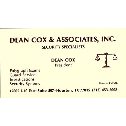 Dean Cox & Associates Dean Cox Houston Texas Vintage Business Card SB4-B3