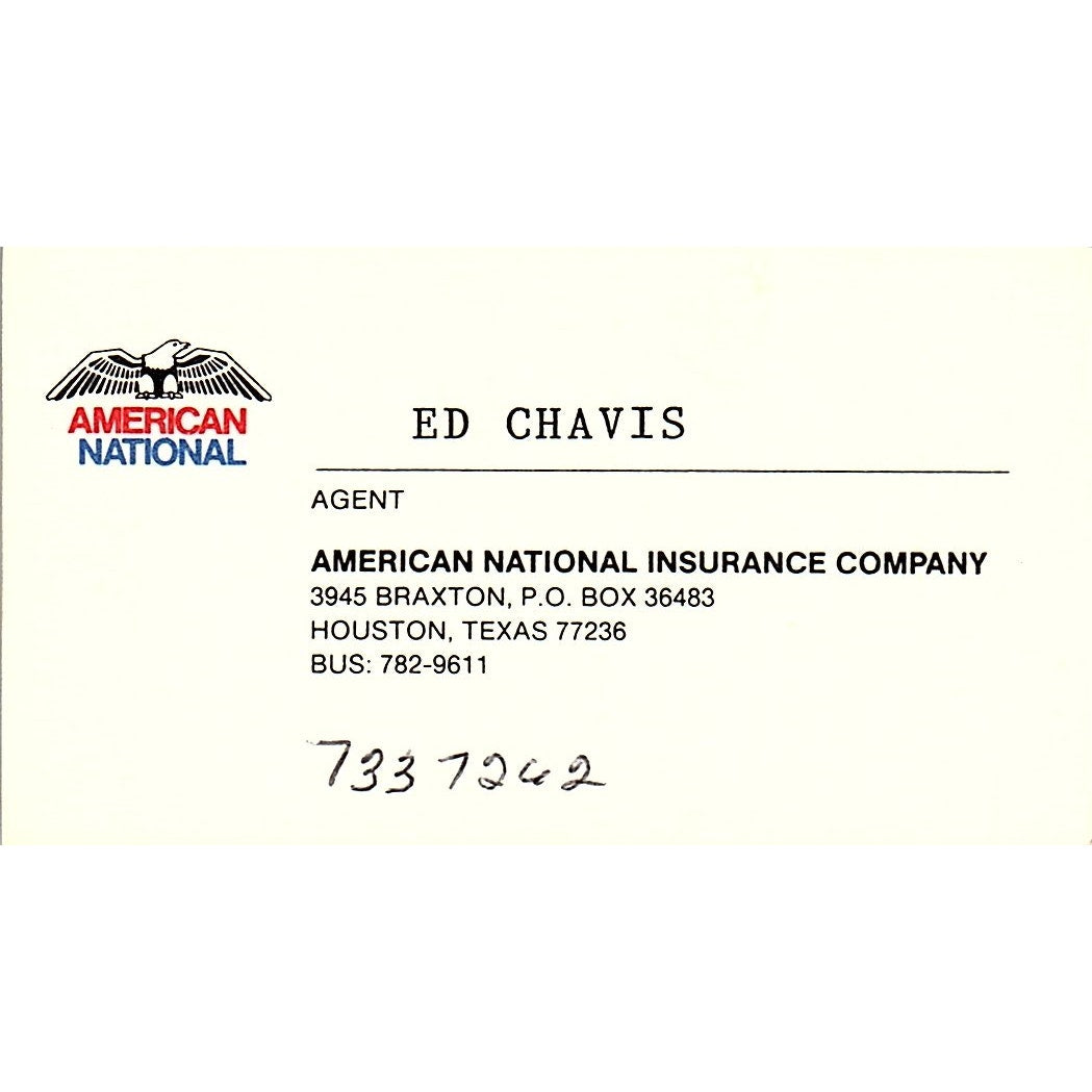 Ed Chavis American National Ins Co Houston Vintage Business Card SD9-B6