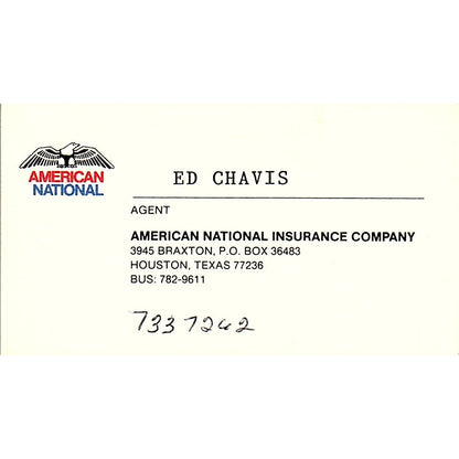 Ed Chavis American National Ins Co Houston Vintage Business Card SD9-B6