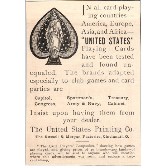 Playing Cards United States Printing Russell & Morgan Cincinnati 1892 Ad AB6-3