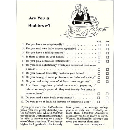 Are You a Highbrow? Quiz by Donald A Laird Phd 1943 WWII Magazine Ad AG4-3