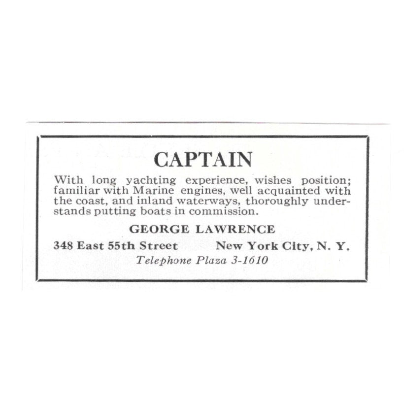 Yacht Captain George Lawrence 348 E. 55th St. New York 1932 Ad AG2-M20