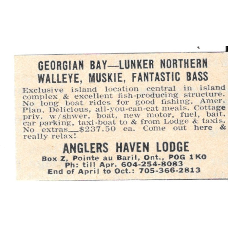 Anglers Haven Lodge Fishing Pointe Au Baril Ontario CA 1977 Ad AF6-S3