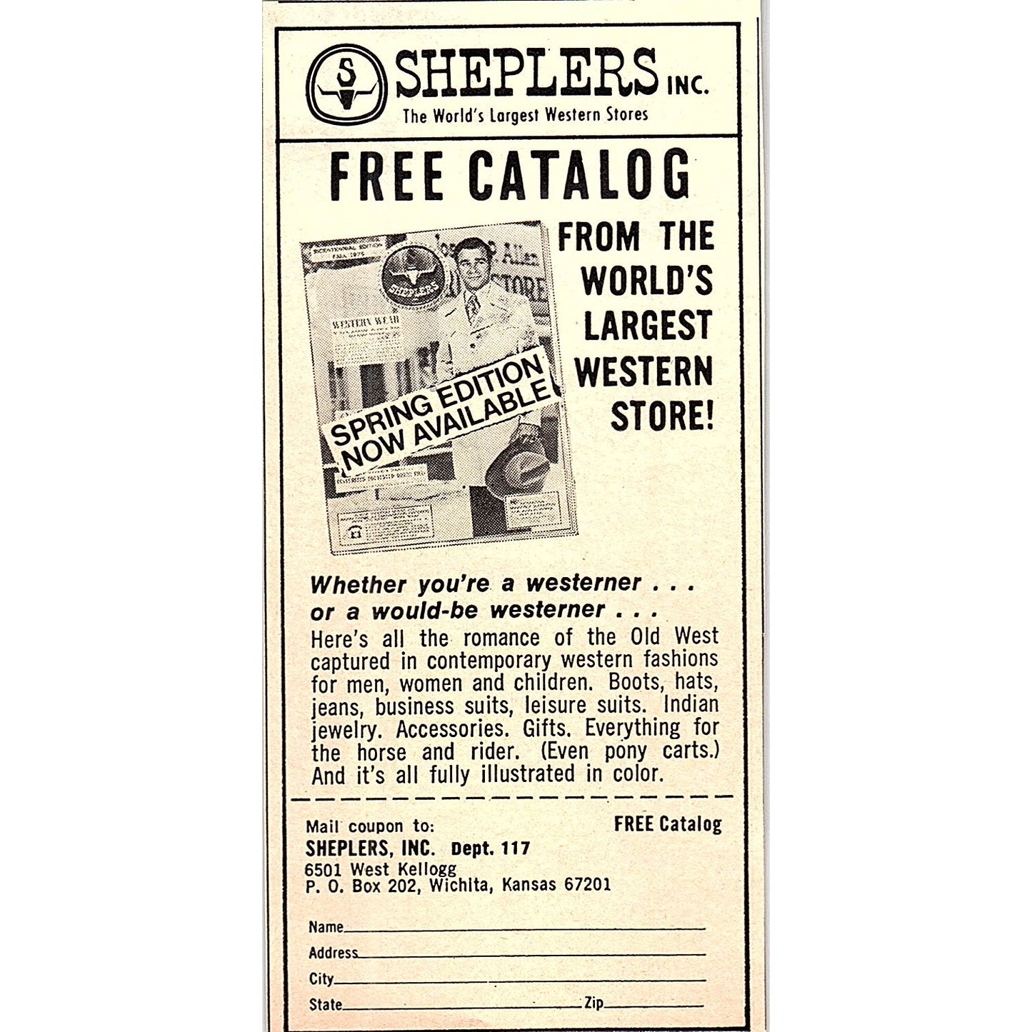 Sheplers World's Largest Western Store Catalog Promo Wichita KS 1977 Ad AF6-5