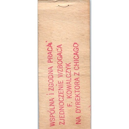 F. Kowalczyk P.R.C.U. Chicago Director Political Vintage Matchbook Cover SF4-Y1