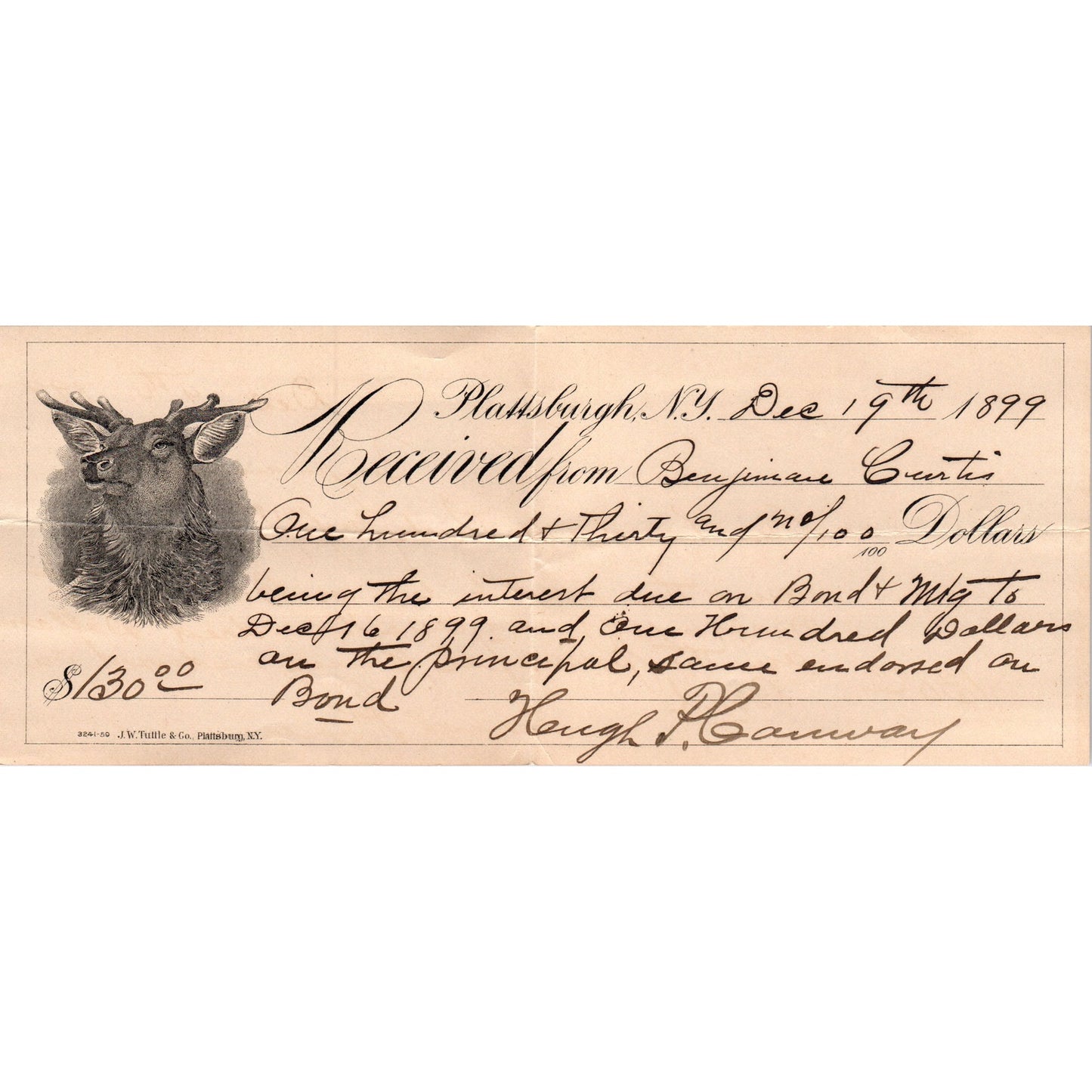 1899 Bank Check Plattsburgh NY Hough P. Conway D23