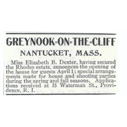 Greynook-on-the-Cliff Nantucket MA Elizabeth B Dexter 1903 Magazine Ad AF7-SS1