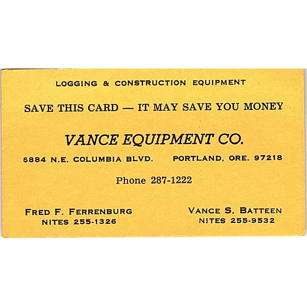 Vance Equipment Fred F Ferrenburg Vance S Batteen Portland Business Card SD9-B4