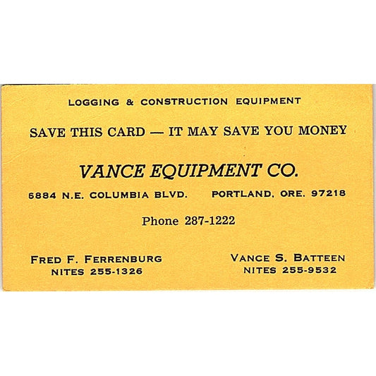 Vance Equipment Fred F Ferrenburg Vance S Batteen Portland Business Card SD9-B4