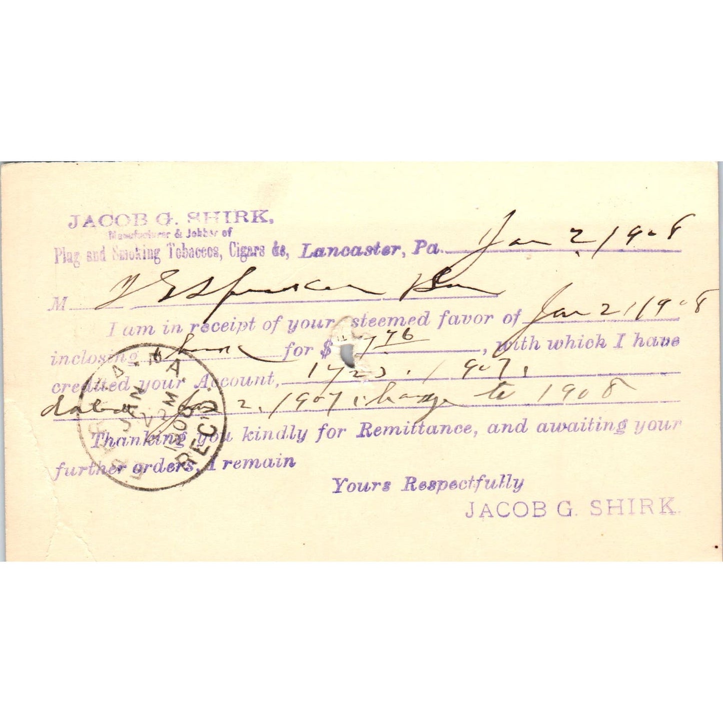 1908 Jacob G. Shirk Lancaster PA Payment Receipt Postal Card AE8