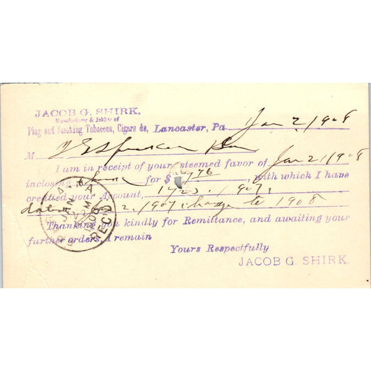 1908 Jacob G. Shirk Lancaster PA Payment Receipt Postal Card AE8