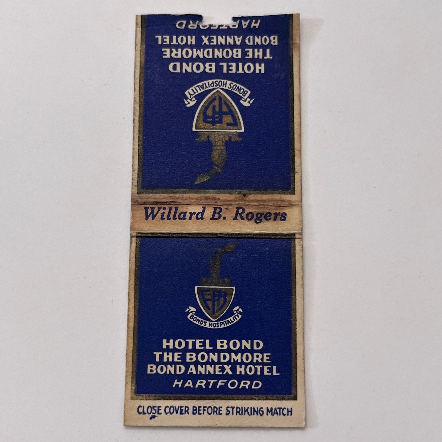 Hotel Bond Annex Hotel Willard B Rogers Hartford CT Vintage Matchbook TB8-MB-12
